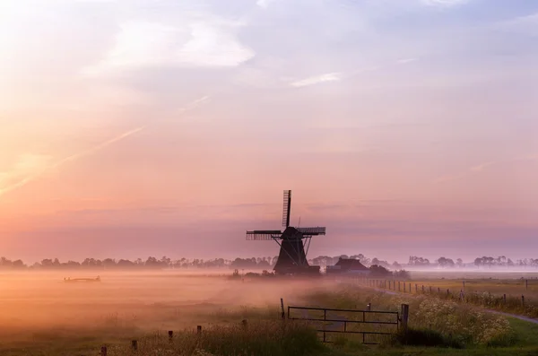 Molino de viento holandés en la niebla por la mañana temprano —  Fotos de Stock