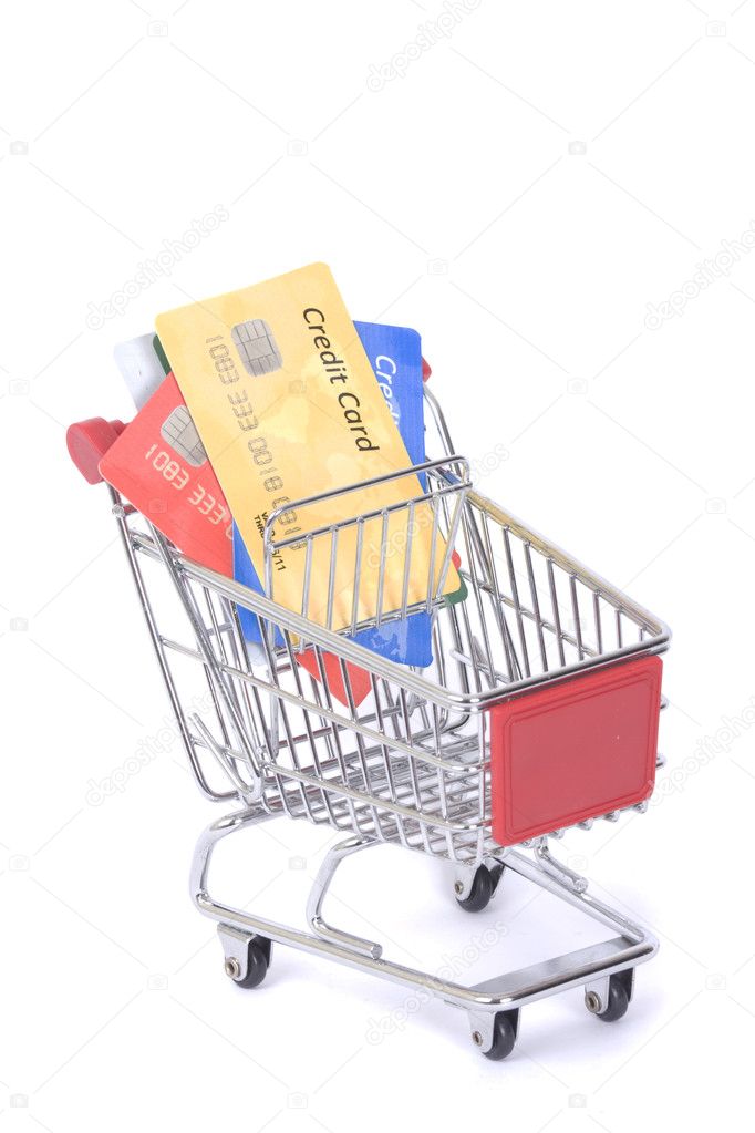 Credit cards and shopping trolley