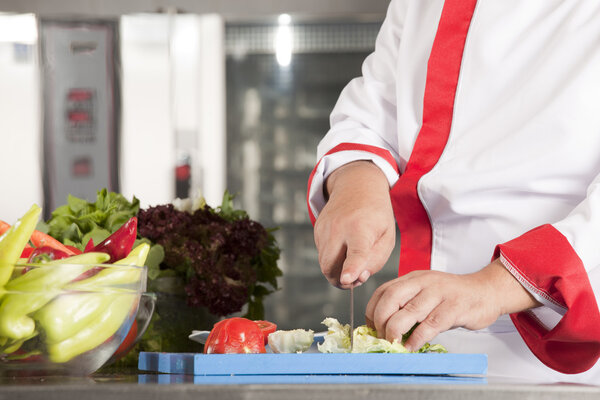 Chef is preparing vegetable salad from a cabbage, tomato