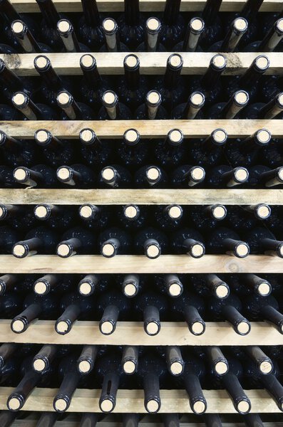 Stacked wine bottles to ferment the wine, La Rioja, Spain