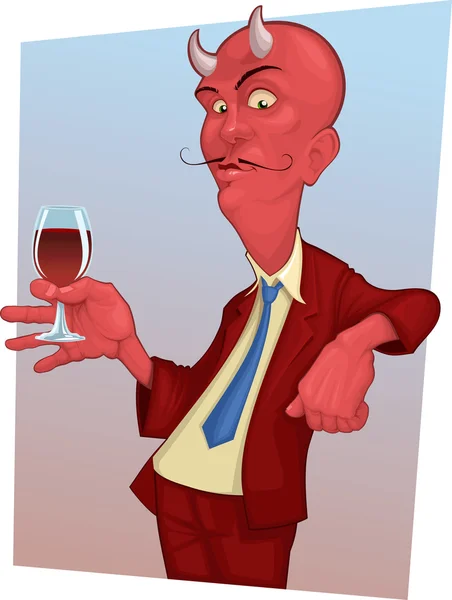 Red mustachioed demon with a glass of wine — Stock Vector