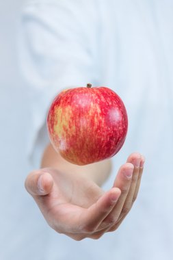 Apple levitates above the hands clipart