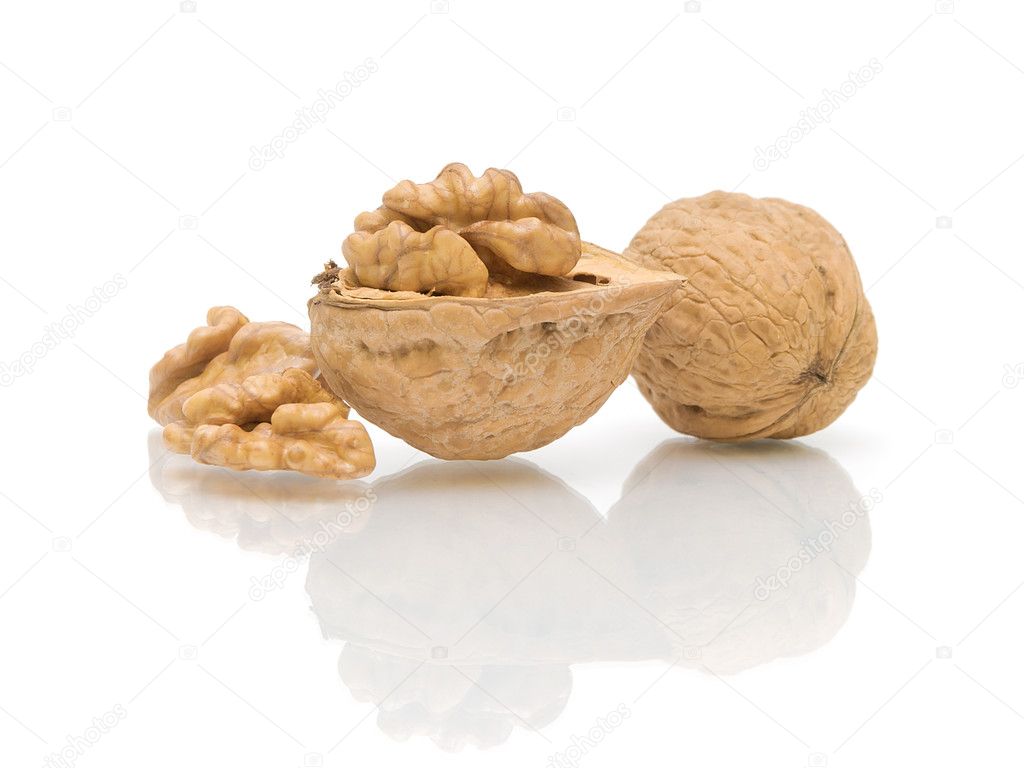 Mature nuts closeup on white background