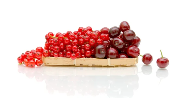 Mogna röda vinbär och mogna körsbär på vit bakgrund — Stockfoto