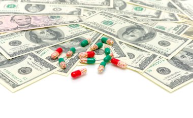 Drugs and money on a white background clipart