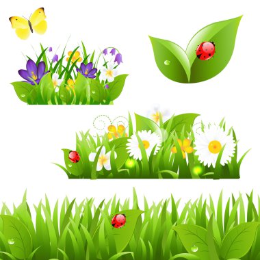 Flowers With Grass Butterfly And Ladybug clipart