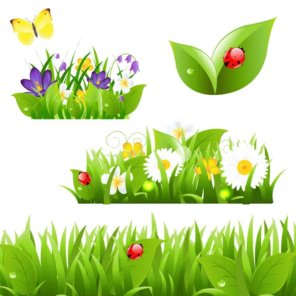 Blommor med gräs fjäril och nyckelpiga — Stock vektor