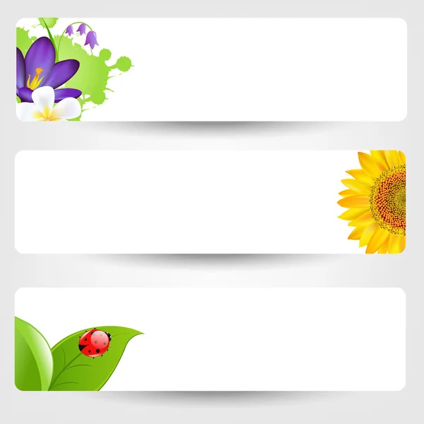 Banners con flores y mariquita — Vector de stock