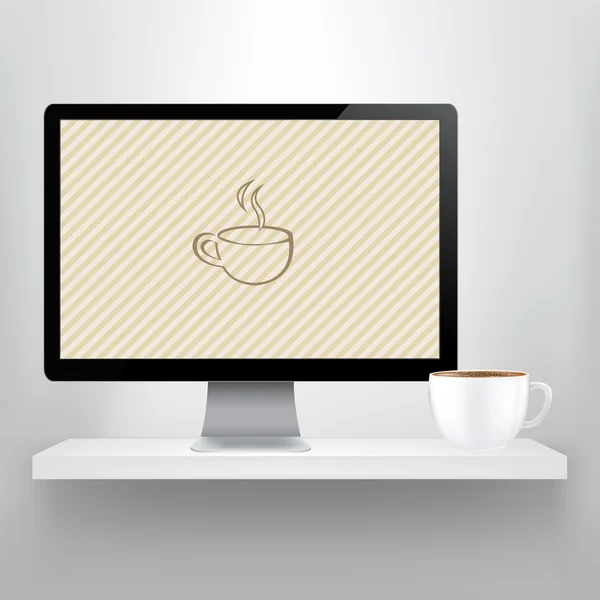 Prateleira com computador e xícara de café — Vetor de Stock