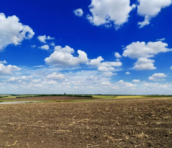 Bewolkte hemel over zwarte veld na de oogst — Stockfoto