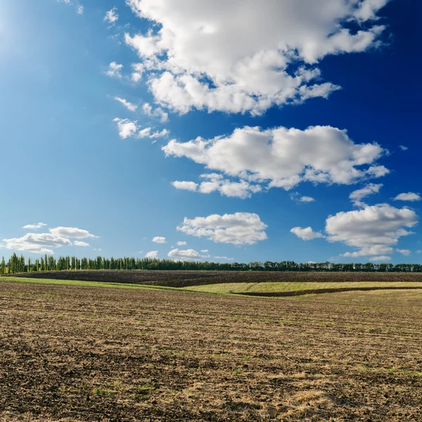 Schwarz gepflügtes Feld unter tiefblauem Himmel mit Wolken — Stockfoto
