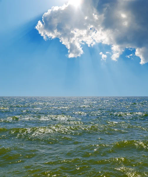 Molnig himmel över havet med grön ton — Stockfoto