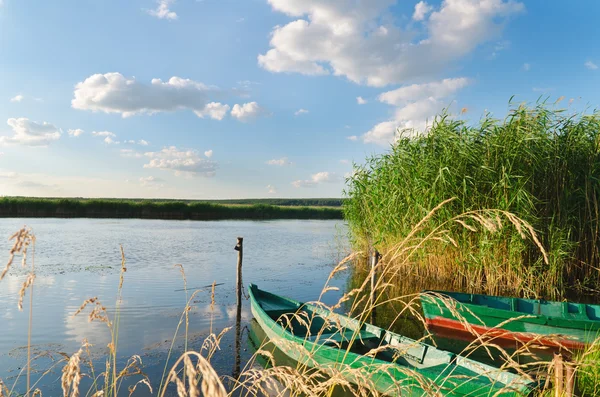 Красива річка і старі човни біля зеленої трави під хмарним небом — стокове фото