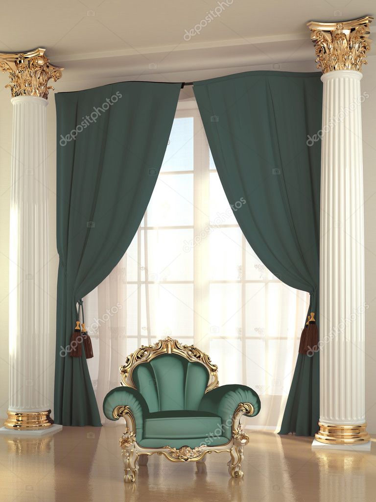 Luxurious green armchair in baroque apartment interior