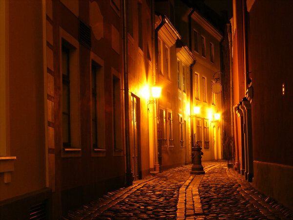 Street in Riga, Latvia, with lights at night