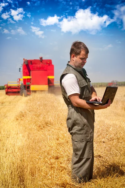 Agricultor calculando ganhos no campo — Fotografia de Stock