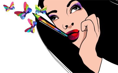 Portrait of a beautiful girl with a colored pencil in his mouth and butterflies around. clipart