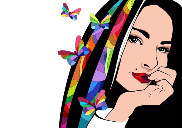 Retrato de uma menina bonita com cabelos coloridos e borboletas . — Vetor de Stock