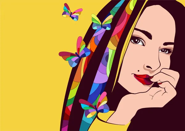 Illustration vectorielle d'une jolie fille aux cheveux colorés et aux papillons fantastiques — Image vectorielle