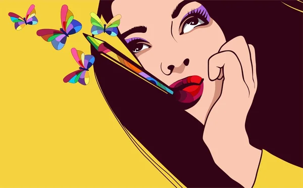 Ilustração vetorial de uma menina atraente com cabelos coloridos e borboletas de fantasia —  Vetores de Stock