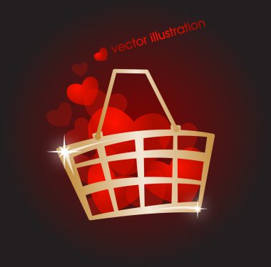 Gold market basket filled with red hearts. clipart