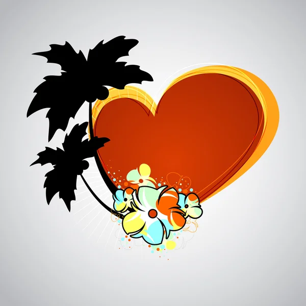 Tropiska bakgrund med palmer, blommor och röda hjärta. vektor illustration — Stock vektor