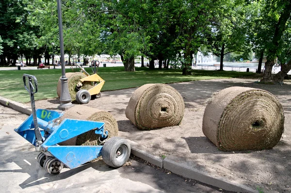 都市公園における芝を敷設 ロイヤリティフリーのストック写真