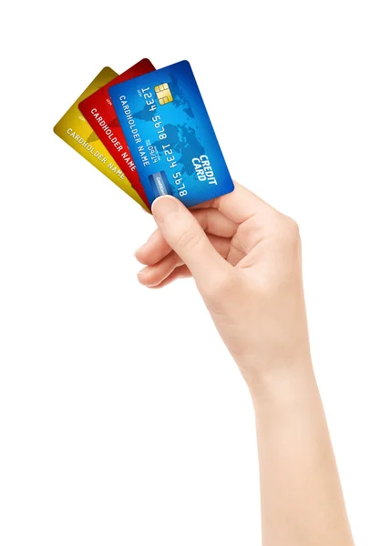 Ręka trzyma paczkę karty kredytowej na białym tle — Zdjęcie stockowe