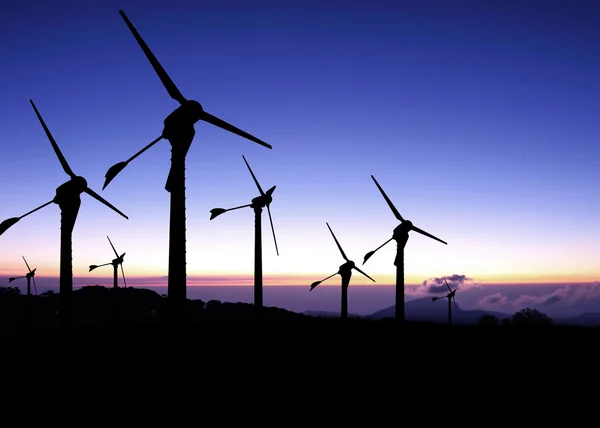 Silhuett av vindkraftverk med en solnedgång — Stockfoto