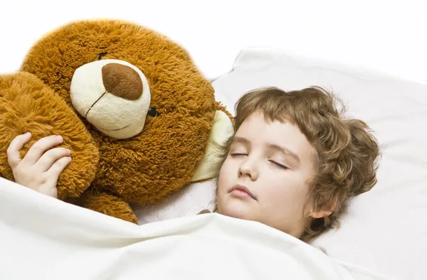 Fiú alszik-játék medve — Stock Fotó