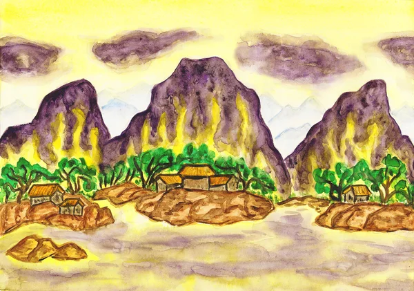Violet bergen op geel, schilderij — Stockfoto