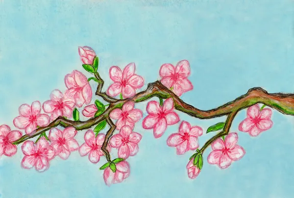 Vit fågel på gren med rosa blommor, målning — Stockfoto