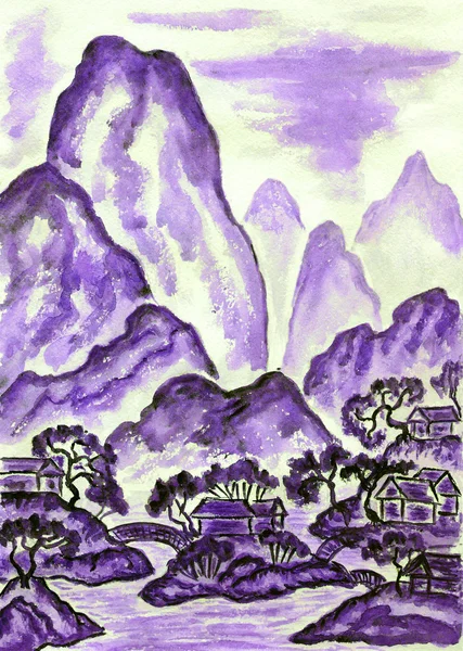 Пейзаж с фиолетовыми горами, живопись — стоковое фото