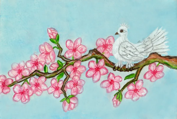 Weißer Vogel auf Zweig mit rosa Blüten, Malerei — Stockfoto