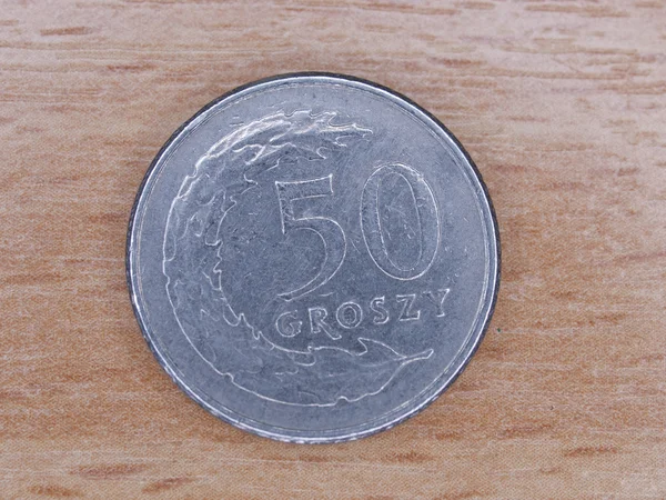 Close up van Pools valuta - 50 groszy munt — Stockfoto