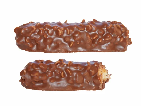 Barra de chocolate e mordido fora de chocolate isolado no fundo branco — Fotografia de Stock