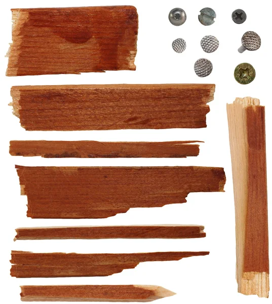 集合的破木板的山毛榉和螺钉头的片断 — 图库照片