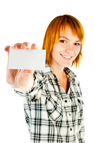 Mujer sosteniendo tarjeta vacía —  Fotos de Stock