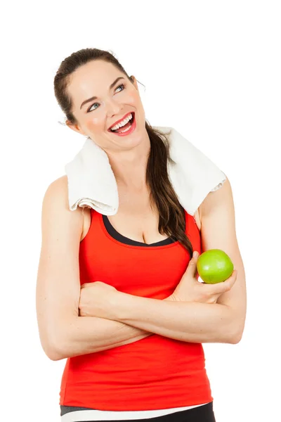 Jovem mulher feliz segurando maçã — Fotografia de Stock