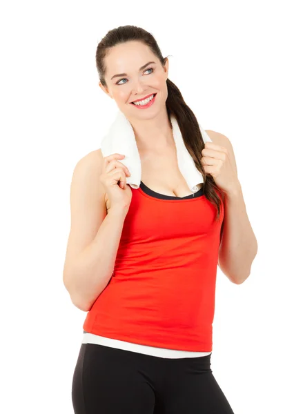 Ajuste mulher feliz segurando toalha — Fotografia de Stock