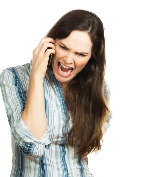 Mujer enojada gritando por teléfono Imagen de archivo
