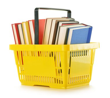 Plastic shopping basket with books isolated on white clipart