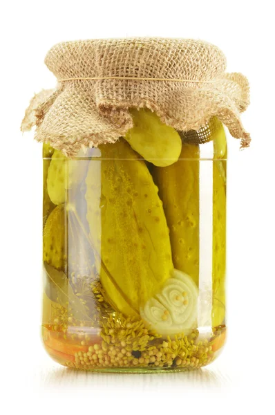 Jar of pickled cucumbers. Marinated food. — Stock Photo, Image