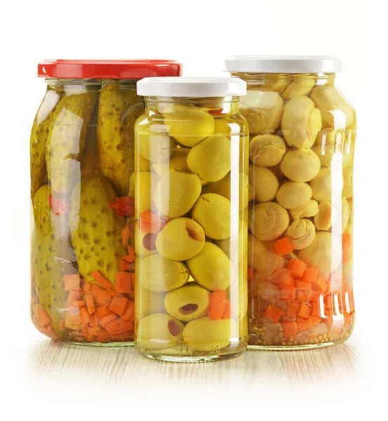 stock image Jars of pickled vegetables. Marinated food.