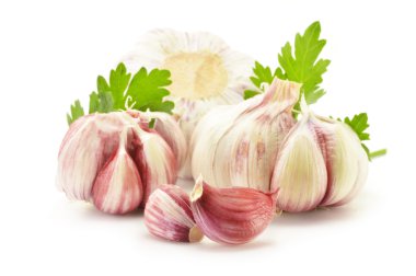 taze sarımsak ile üzerine beyaz izole maydanoz