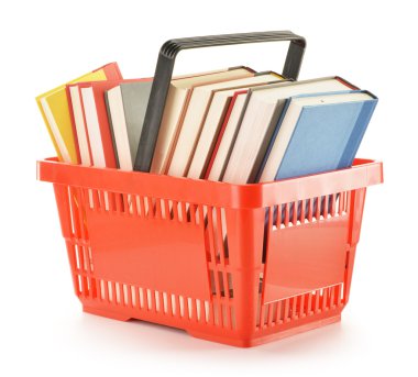 Plastic shopping basket with books isolated on white clipart