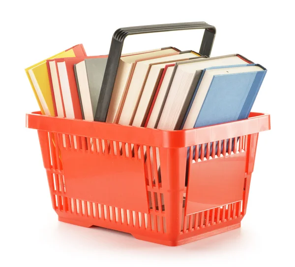 Plastic shopping basket with books isolated on white — Stock Photo, Image