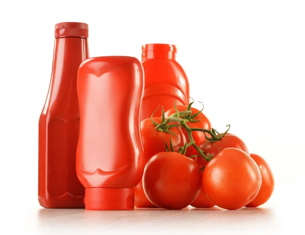 stock image Composition with ketchup and fresh tomatoes isolated on white