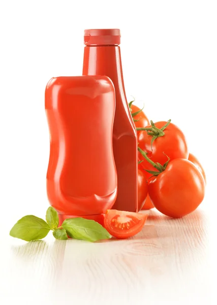 Stock image Composition with ketchup and fresh tomatoes isolated on white