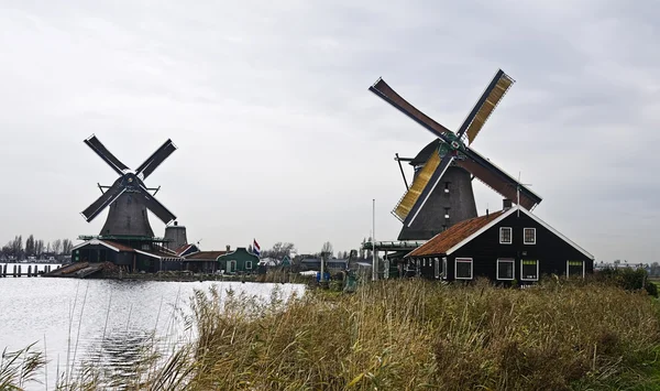 Moinhos de vento em Zaanse Schans perto de Amesterdão — Fotografia de Stock